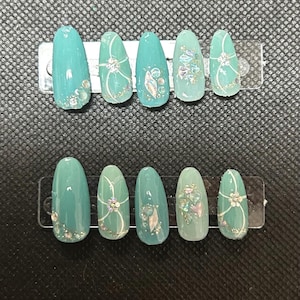 blue floral bling press on nails