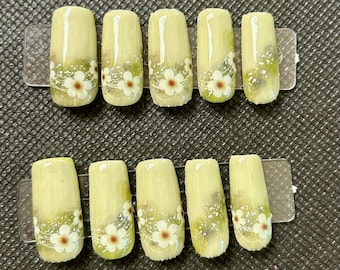 green floral design press on nails