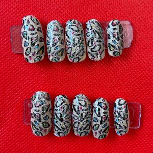 rainbow sparkle leopard press on nails