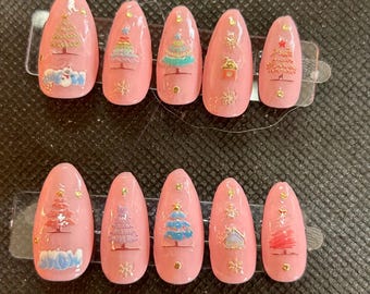 Sapin de Noël rose à presser sur les ongles