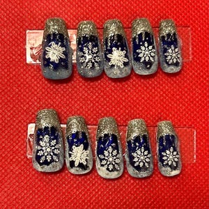 blue glitter snowflake press on nails