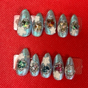 blue abalone flower press on nails