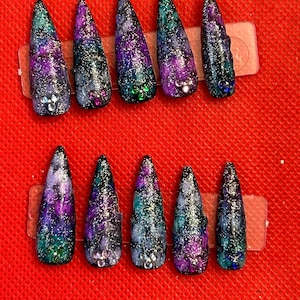 rainbow glitter design press on nails
