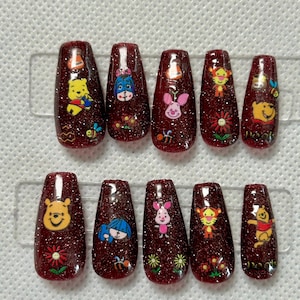 maroon glitter Winnie the Pooh press on nails