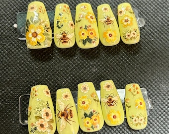 bee flowers press on nails