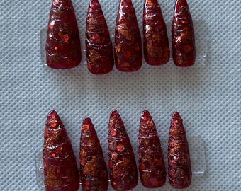 red glitter design press on nails