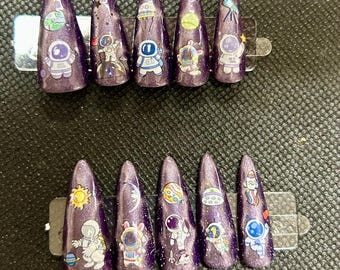 purple cat eye astronaut press on nails