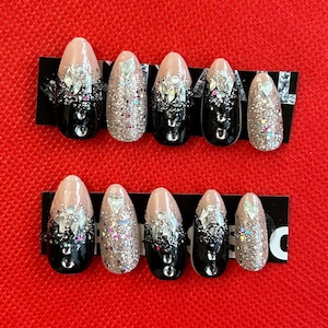 black and pink sparkle press on nails
