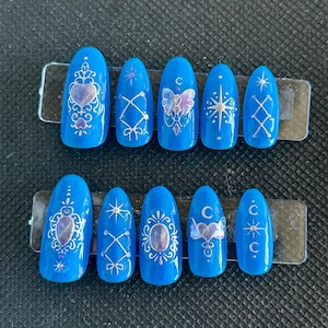blue oval butterfly design press on nails