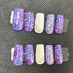 purple floral press on nails