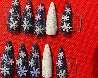 blue gelly glitter snowflake press on nails