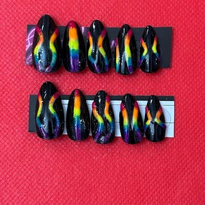 Black with rainbow design press on nails