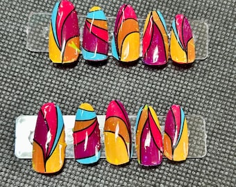 neon rainbow design press on nails
