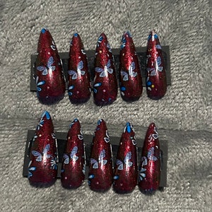 Red butterfly flower press on nails