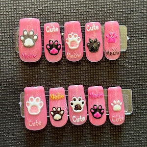 pink glitter cat paw press on nails