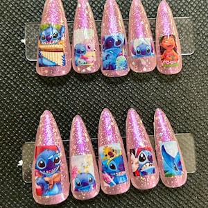 pink glitter Stitch scenes press on nails