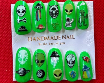 lime green glow in the dark alien themed press on nails
