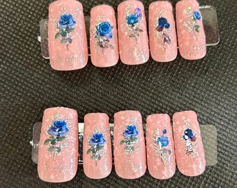 pink with blue rose press on nails