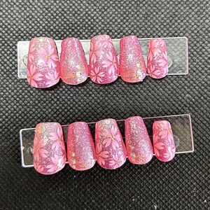 pink glitter flowers press on nails