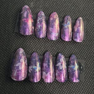 purple metallic flower press on nails