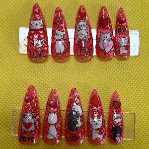 pink snowflake valentine cat press on nails