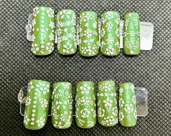 iridescent green floral design press on nails