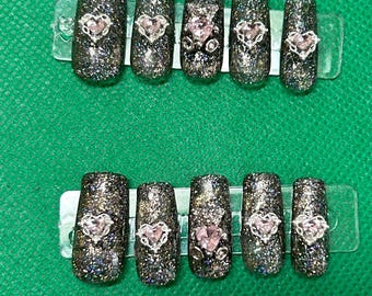 black glitter valentines bling press on nails