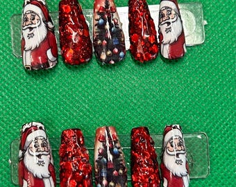 unhas de papai noel com glitter vermelho