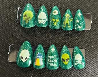 glitter glow alien press on nails