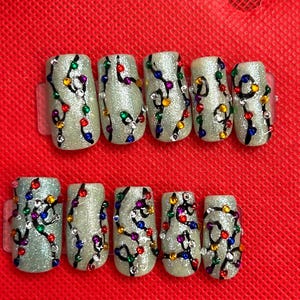 blue glitter christmas lights press on nails
