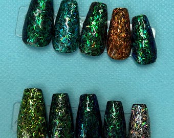 rainbow glitter shards press on nails