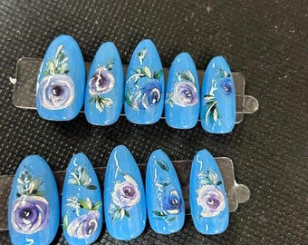 blue rose press on nails