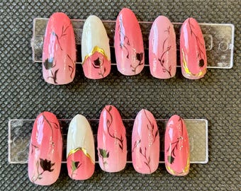 pink ombre rose press on nails
