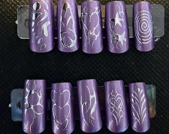 metallic purple with silver design press on nails