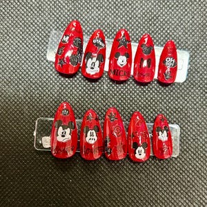 red and black Mickey Mouse press on nails