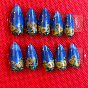 blue sunflower press on nails