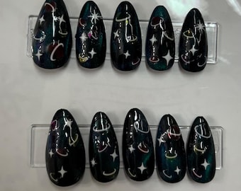 teal cat eye solar system press on nails