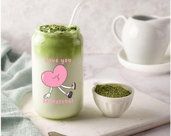Valentine's day special Love you so matcha Glass cute tumbler stylish iced matcha cup Cute Matcha mug cup Matcha Gift