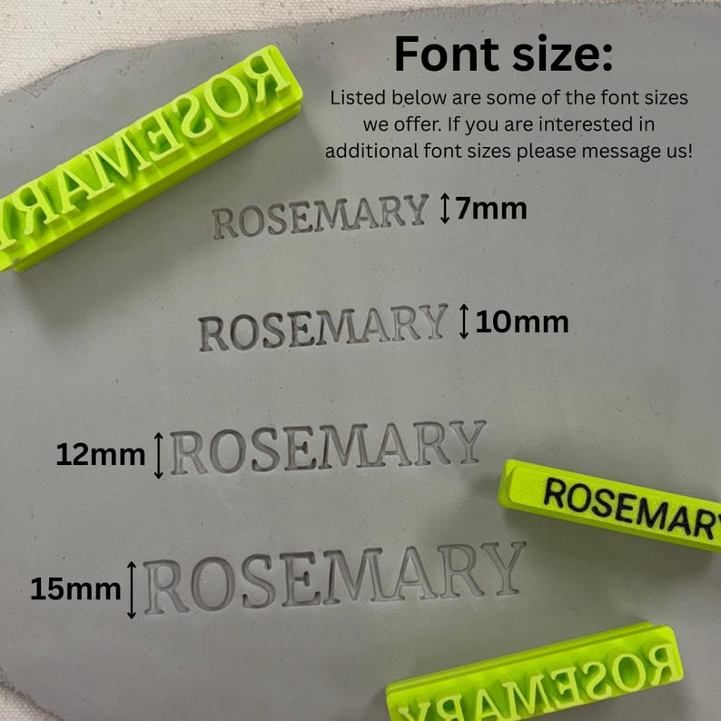 May include: Bright neon green plastic stamps with the word ROSEMARY in reverse, used to imprint the name into a grey clay surface. The image displays four examples of the name ROSEMARY pressed into the clay at 7mm, 10mm, 12mm, and 15mm heights.