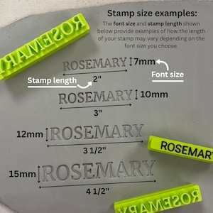 May include: A set of bright green plastic stamps with the word ROSEMARY embossed on a grey surface. The image includes text labels for stamp size examples, showing font heights of 7mm, 10mm, 12mm, and 15mm, with corresponding lengths of 2, 3, 3.5, and 4.5 inches.