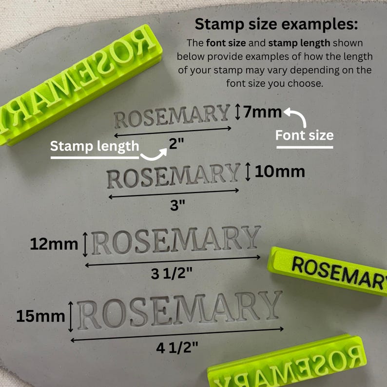 May include: A set of bright green plastic stamps with the word ROSEMARY embossed on a grey surface. The image includes text labels for stamp size examples, showing font heights of 7mm, 10mm, 12mm, and 15mm, with corresponding lengths of 2, 3, 3.5, and 4.5 inches.