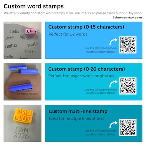 May include: Custom word stamps featuring three distinct styles: a pink stamp for 0-15 characters, blue stamps for 0-20 characters, and a yellow multi-line stamp. Each section includes a QR code for navigation to the 3denver.etsy.com shop page.