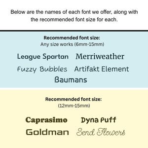 May include: A chart listing font names and recommended sizes. The top section, with a light blue background, lists League Spartan, Merriweather, Fuzzy Bubbles, Artifakt Element, and Baumans with a recommended size of 6mm-15mm. The bottom section, with a light yellow background, lists Caprasimo, Dyna Puff, Goldman, and Send Flowers with a recommended size of 12mm-15mm.