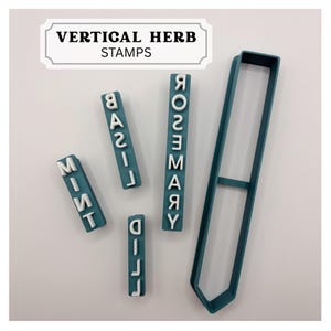 May include: A set of teal and white vertical herb stamps featuring the text MINT, BASIL, ROSEMARY, and DILL, accompanied by a matching teal rectangular frame cutter. The stamps have white raised lettering on teal bases for clear impressions.