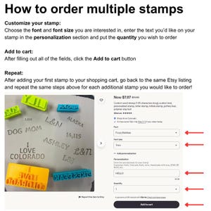 May include: An instructional graphic for ordering custom stamps, featuring text, a list of 3D-printed stamps in yellow and blue, and a screenshot of an Etsy product page with dropdown menus for font, font size, personalisation, and quantity.