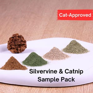 Muestra de hierba gatera y polvo de vid de plata: juguete natural para gatos