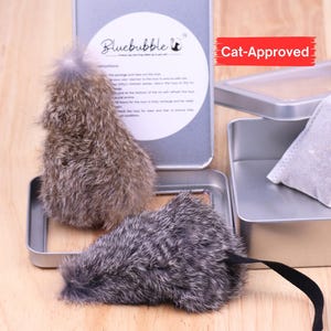 Puede incluir: Juguetes para gatos en una caja de metal. Los juguetes tienen forma de ratón y están hechos de piel gris y marrón. La caja tiene la etiqueta "bluebubble" y "Cat-Approved". También se incluye una pequeña bolsa blanca.