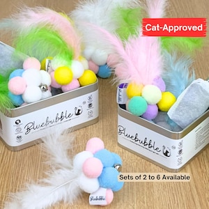 Cat Toy Feather Balls Catnip Silvervine Infused with Recharging Tin by Bluebubble