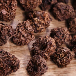 May include: Close-up of dried, brown, wrinkled fruit pieces on a wooden surface. The fruit pieces are irregularly shaped and have a rough texture.