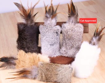 Rabbit Fur Cat Kicker Toys - With Natural Pheasant Feathers